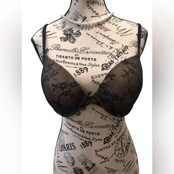 Maidenform Womens 38C Black Beige Lace Bra Padded Push Up - Picture 1 of 4
